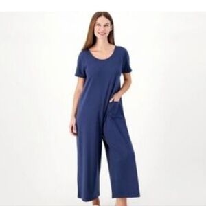 LOGO Lori Goldstein Blue Jersey Knit Lounge Romper Jumpsuit Wide Leg NEW